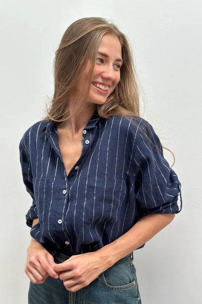 HUT Boyfriend Lurex Linen Shirt - Navy and Silver Stripe