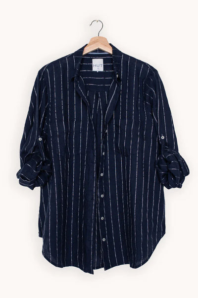 HUT Boyfriend Lurex Linen Shirt - Navy and Silver Stripe