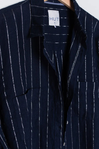 HUT Boyfriend Lurex Linen Shirt - Navy and Silver Stripe