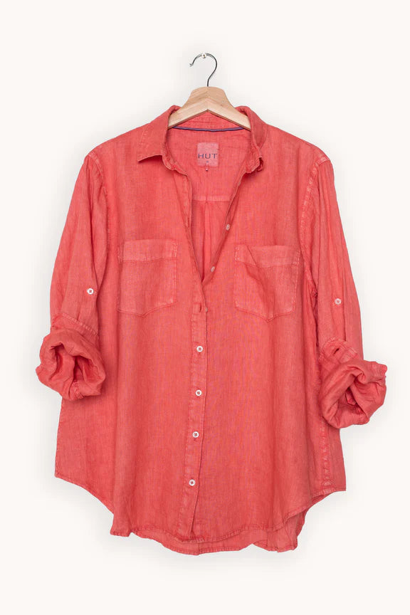 HUT Boyfriend Linen Shirt - Cherry Red Wash