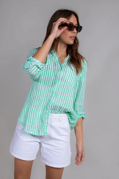 HUT Boyfriend Linen Shirt - Soft Green Stripe